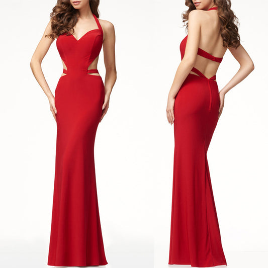 Red Backless Halterneck Evening Dress