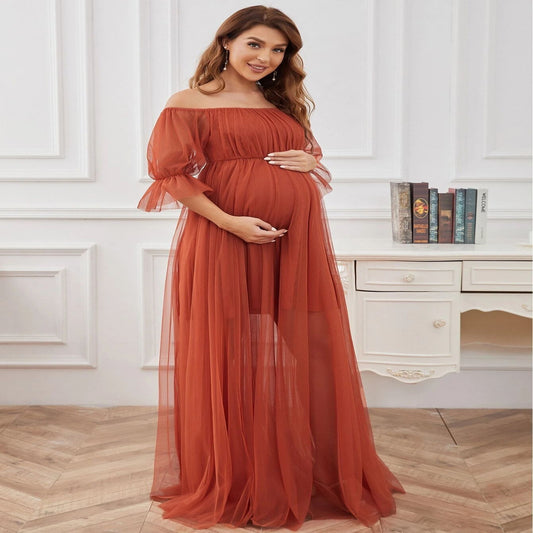 Pregnant Women's Long Short Sleeve Off-neck Tulle Solid Color Dress