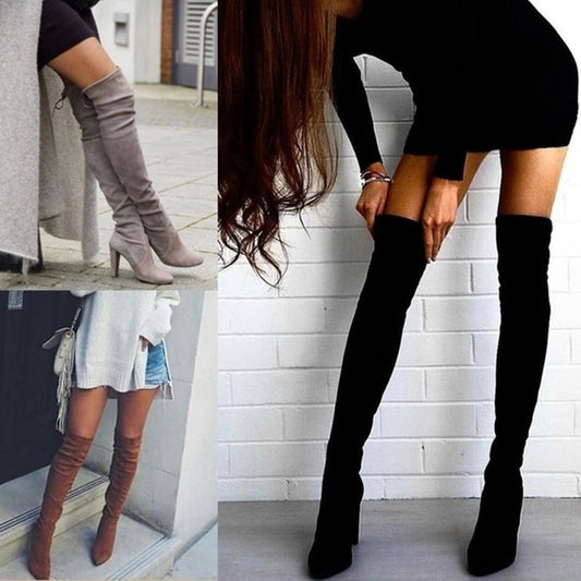 Pointed Toe Chunky Heel Over-the-knee Boots Springy Thigh Boot Women